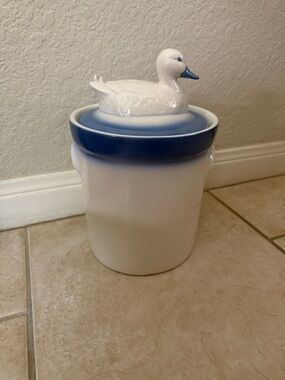White and Blue Ceramic Duck Lidded Canister